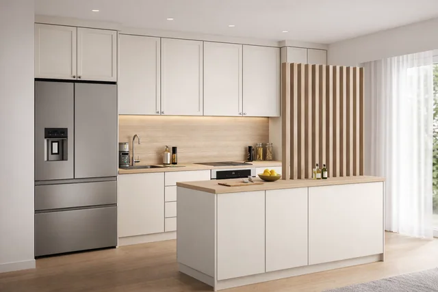 Modern Kitchen with Island and Wooden Slats — 4
