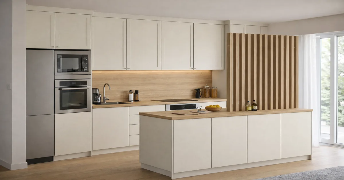Kitchen design concept with island and timber details